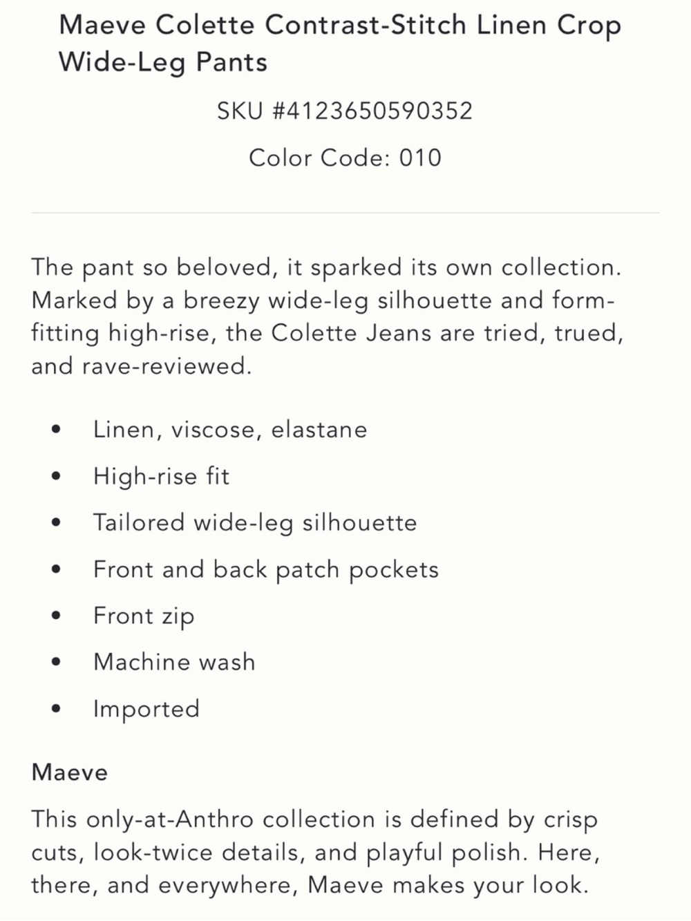 NWT Maeve The Colette Cropped Wide- Leg Pants w/ Contrast Stitching Linen - Picture 5 of 14